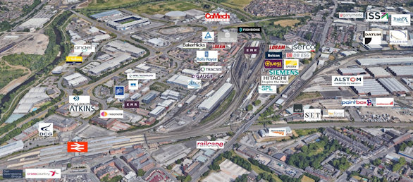 Aerial map showing the locations of rail companies in Derby