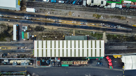Overhead view of a train shed