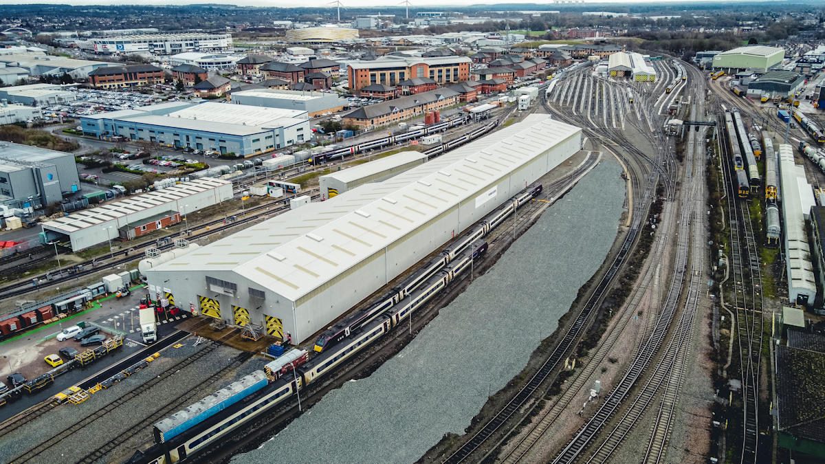 Aerial view of train lines in Derby