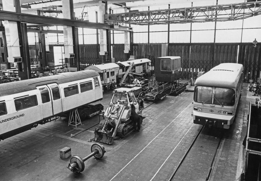 Black and white photo of a London Undergroung train being built in Derby